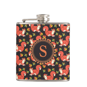 Squirrel and Autumn Leaf Pattern Monogram Hip Flask