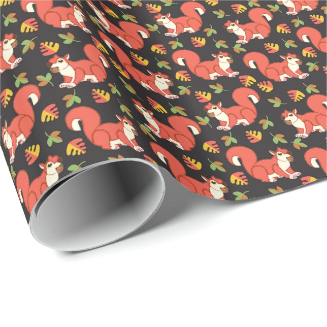 Squirrel and Autumn Leaf Pattern Wrapping Paper (Roll Corner)
