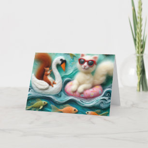 Squirrel and Cat Playing on Floating Swans Card