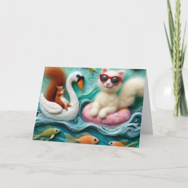 Squirrel and Cat Playing on Floating Swans Card (Front)