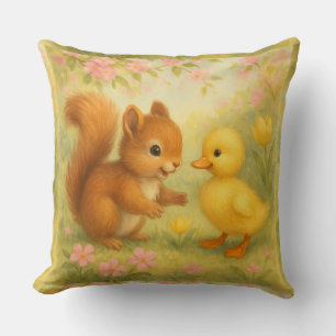 Squirrel and Duckling, Watercolor by Natasha Us Cushion