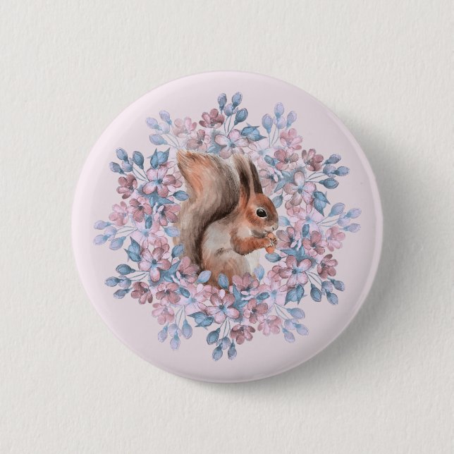 Squirrel and flowers 6 cm round badge (Front)