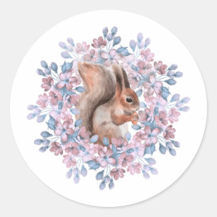 Squirrel and flowers classic round sticker