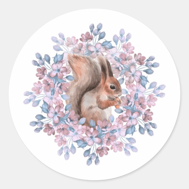 Squirrel and flowers classic round sticker (Front)