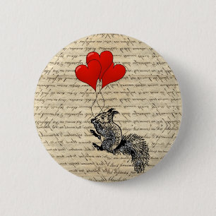 Squirrel and heart balloons 6 cm round badge