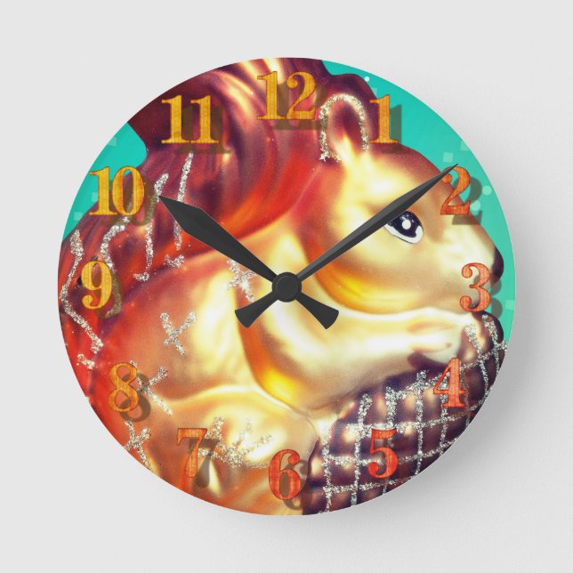 Squirrel and pinecone vintage fall winter ornament round clock (Front)