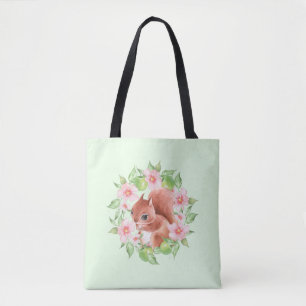 Squirrel and pink flowers tote bag