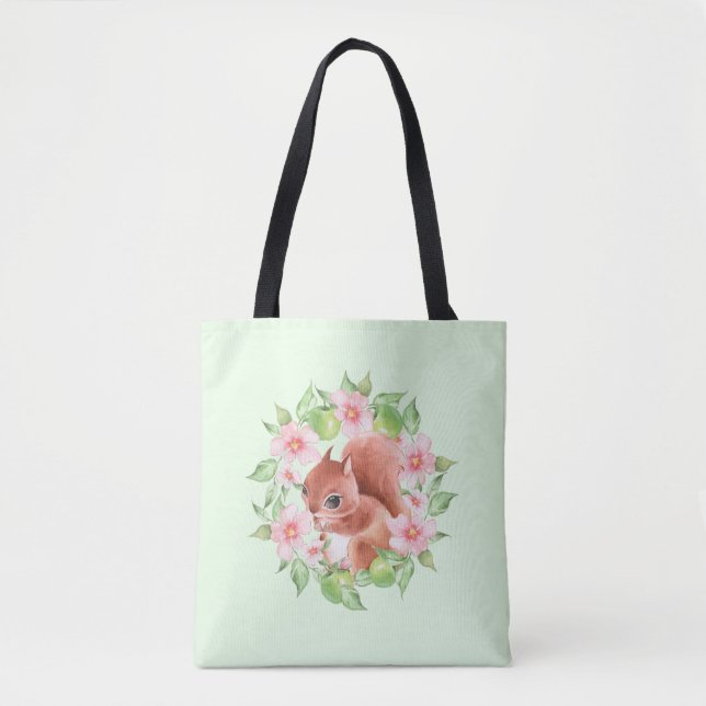 Squirrel and pink flowers tote bag (Front)