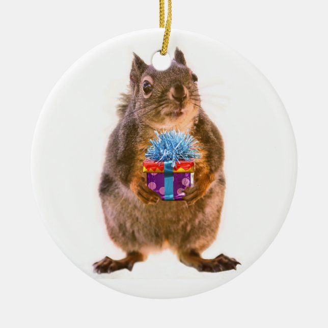 Squirrel and Present Ceramic Ornament (Front)
