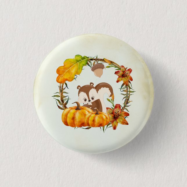 Squirrel and Pumpkins Rustic Wreath 3 Cm Round Badge (Front)