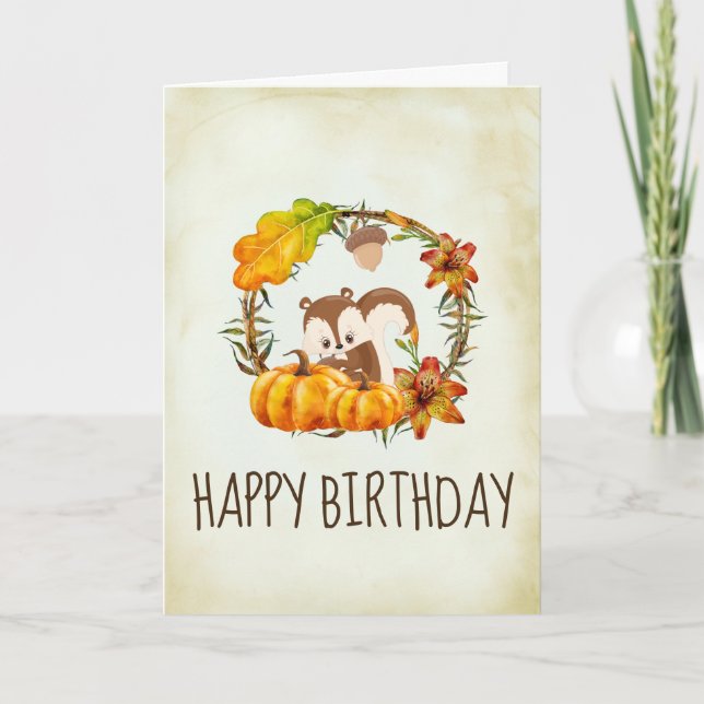 Squirrel and Pumpkins Rustic Wreath Birthday Card (Front)