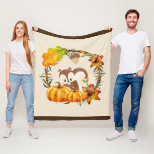 Squirrel and Pumpkins Rustic Wreath Fleece Blanket