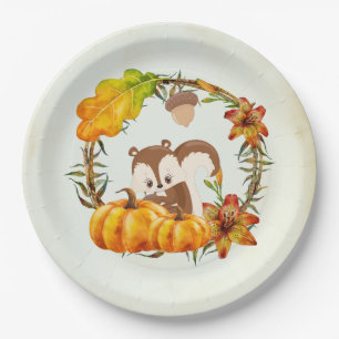 Squirrel and Pumpkins Rustic Wreath Paper Plate