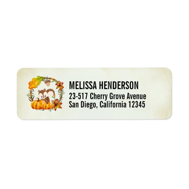 Squirrel and Pumpkins Rustic Wreath Return Address Label (Front)