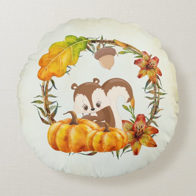 Squirrel and Pumpkins Rustic Wreath Round Cushion (Front)