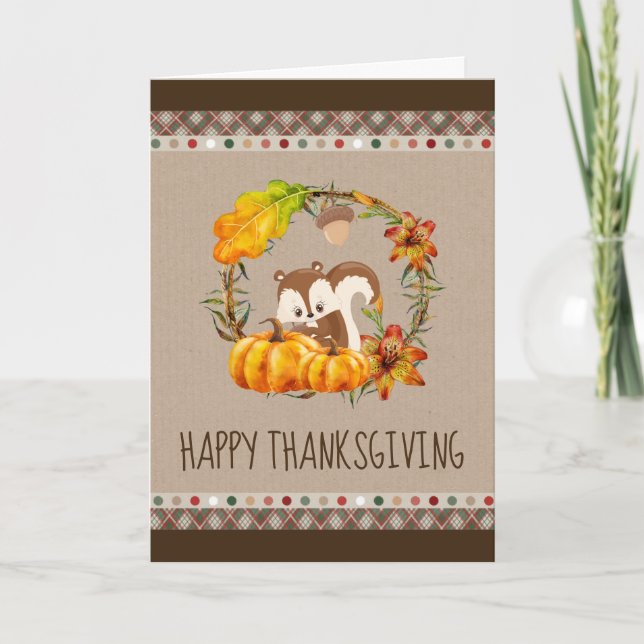 Squirrel and Pumpkins Rustic Wreath Thanksgiving Card (Front)