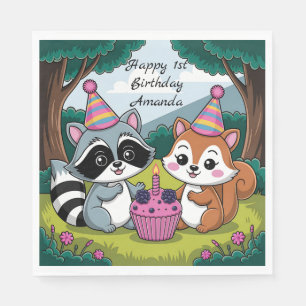 Squirrel and Raccoon cute Birthday Napkin