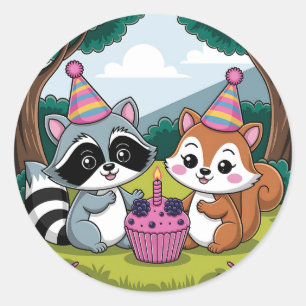Squirrel and Racoon cute Birthday Classic Round Sticker