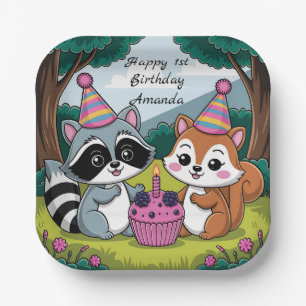 Squirrel and Racoon cute Birthday Paper Plate