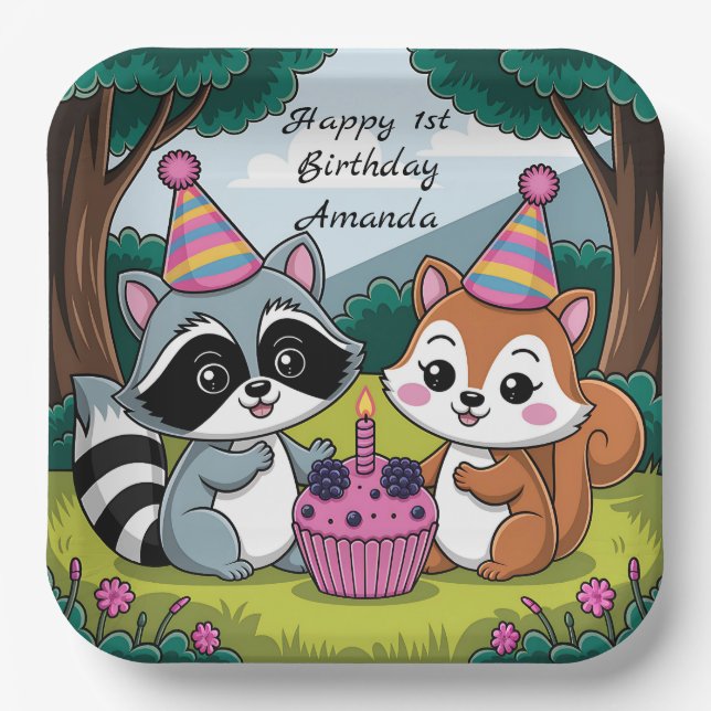 Squirrel and Racoon cute Birthday Paper Plate (Front)