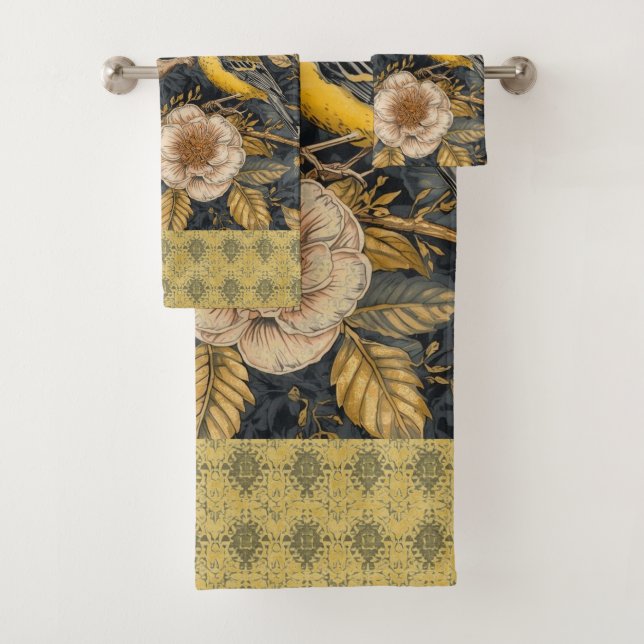 Squirrel and Yellow Canary with Flowers Pattern Bath Towel Set (Insitu)