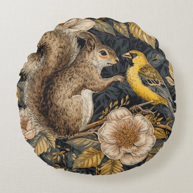 Squirrel and Yellow Canary with Flowers Pattern Round Cushion (Front)