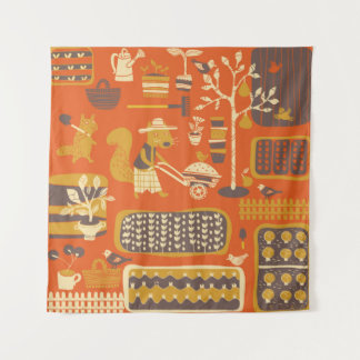 squirrel are in a garden, vintage hand drawn illus tapestry