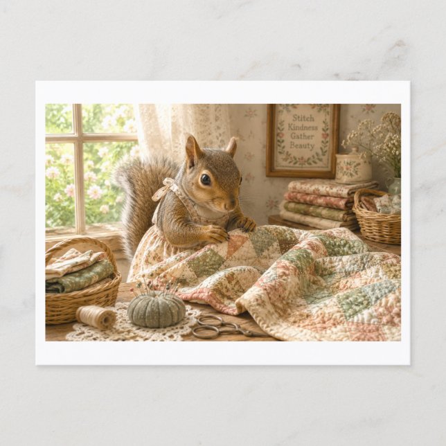Squirrel as Quilter Postcard (Front)