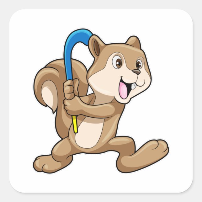Squirrel at Field hockey with Hockey stick Square Sticker (Front)