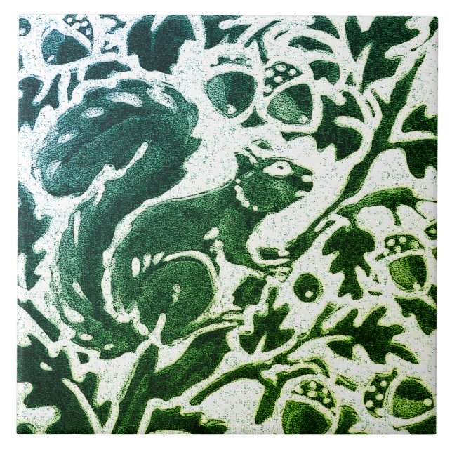 Squirrel Batik Modern Green Blue Floral Woodland Ceramic Tile (Front)
