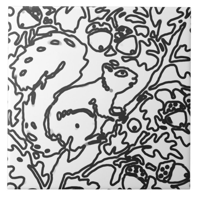 Squirrel Black White Art Drawing Woodland Animal Ceramic Tile (Front)