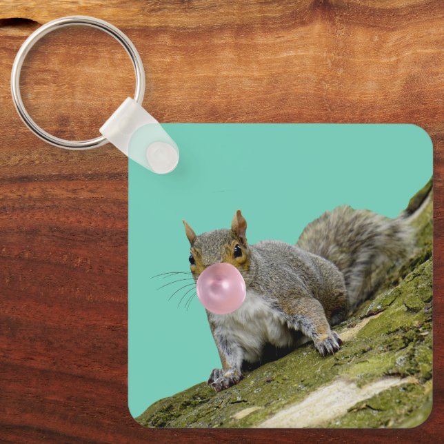 Squirrel Blowing a Bubblegum Bubble Animal Photo Key Ring (Front)
