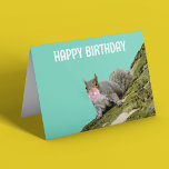 Squirrel Blowing a Bubblegum Bubble Birthday Card<br><div class="desc">This fun card is ready to be personalised with your own custom message on the front and on the inside. Features a photo of a grey squirrel on the side of a mossy tree blowing a bubble with some pink bubblegum.</div>