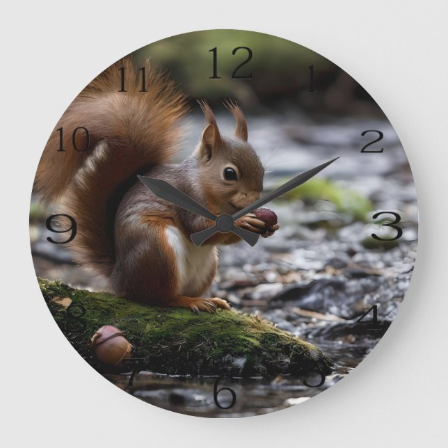 Squirrel By The River Eating A Acorn, Large Clock (Front)