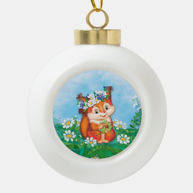 Squirrel Ceramic Ball Christmas Ornament (Front)