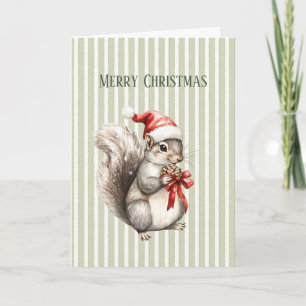 Squirrel Christmas Hat Green White Stripes Card