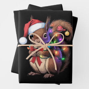 Squirrel Christmas Lights Xmas Party Family Wrapping Paper Sheet