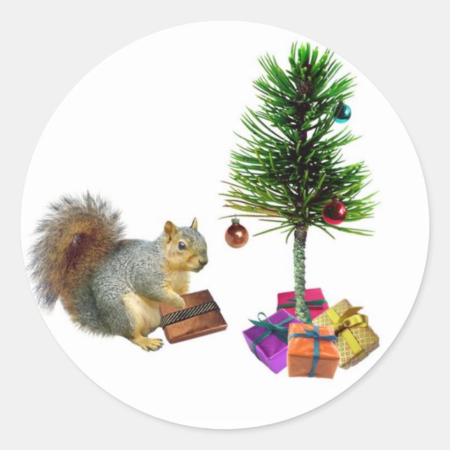 Squirrel Christmas Tree Classic Round Sticker (Front)