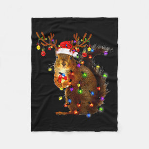 Squirrel Christmas Tree Lights Reindeer Santa Hat Fleece Blanket