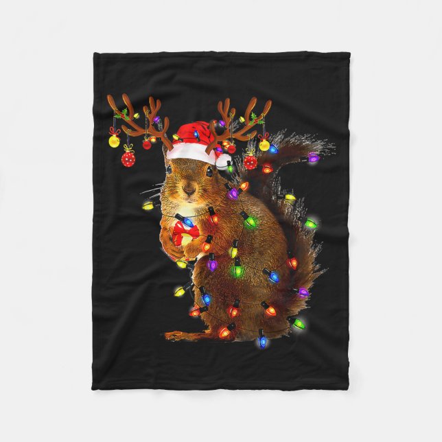 Squirrel Christmas Tree Lights Reindeer Santa Hat  Fleece Blanket (Front)