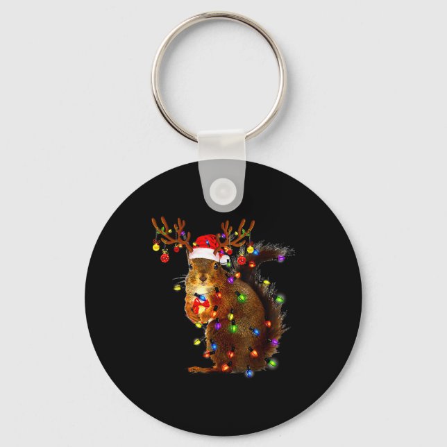 Squirrel Christmas Tree Lights Reindeer Santa Hat  Key Ring (Front)