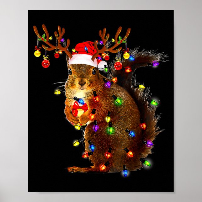 Squirrel Christmas Tree Lights Reindeer Santa Hat  Poster (Front)