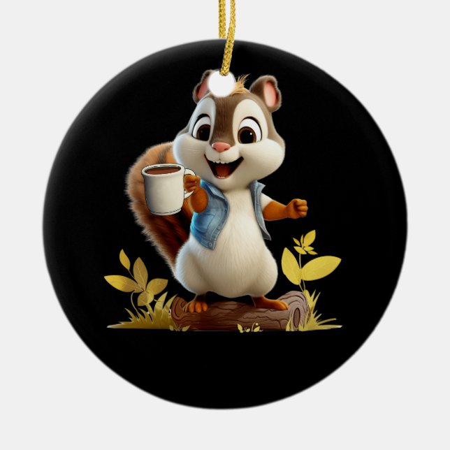 Squirrel Coffee Cup Funny Coffee Drinking Squirrel Ceramic Ornament (Front)