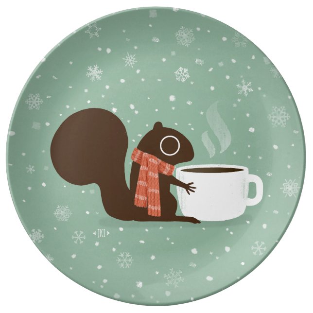 Squirrel Coffee Lover Woodland Winter Holiday Plate (Front)