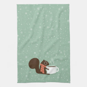 Squirrel Coffee Lover Woodland Winter Holiday Tea Towel