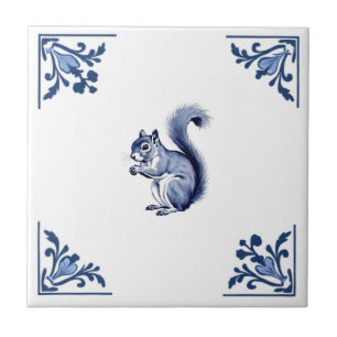 Squirrel Delft Blue White Corners Woodland Animals Ceramic Tile