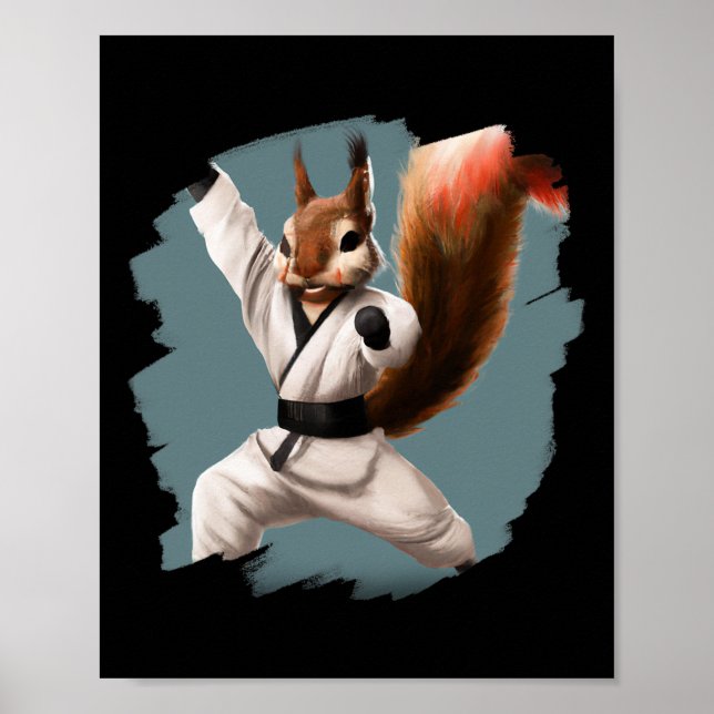 Squirrel Doing Karate Kick Black Belt Martial Arts Poster (Front)