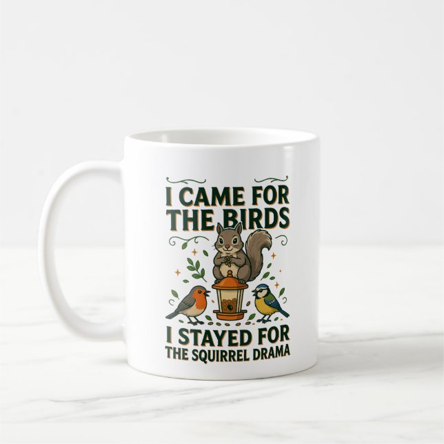 Squirrel Drama Funny Birdwatching Mug (Left)
