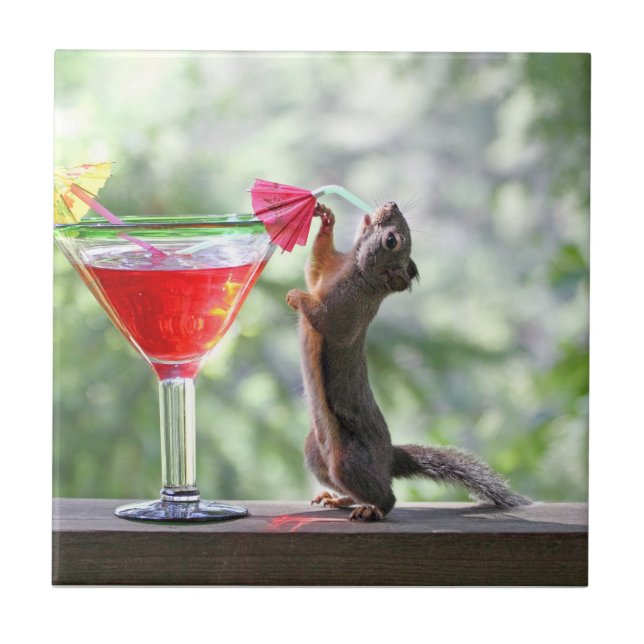 Squirrel Drinking a Cocktail at Happy Hour Ceramic Tile (Front)
