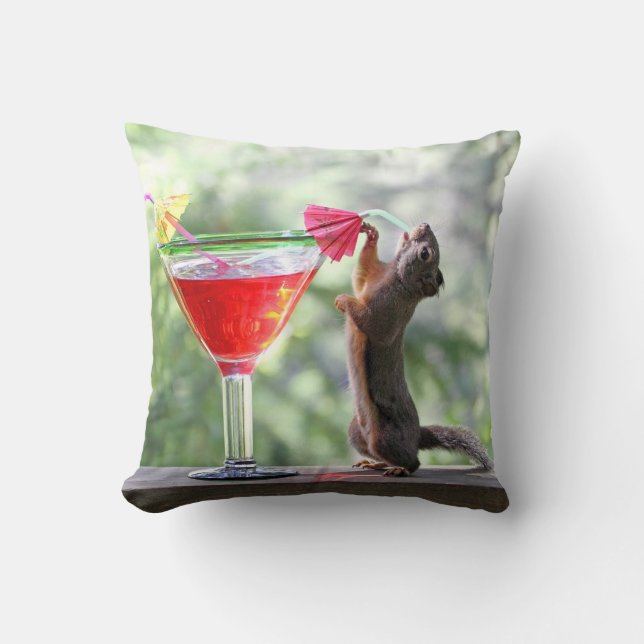 Squirrel Drinking a Cocktail at Happy Hour Cushion (Front)